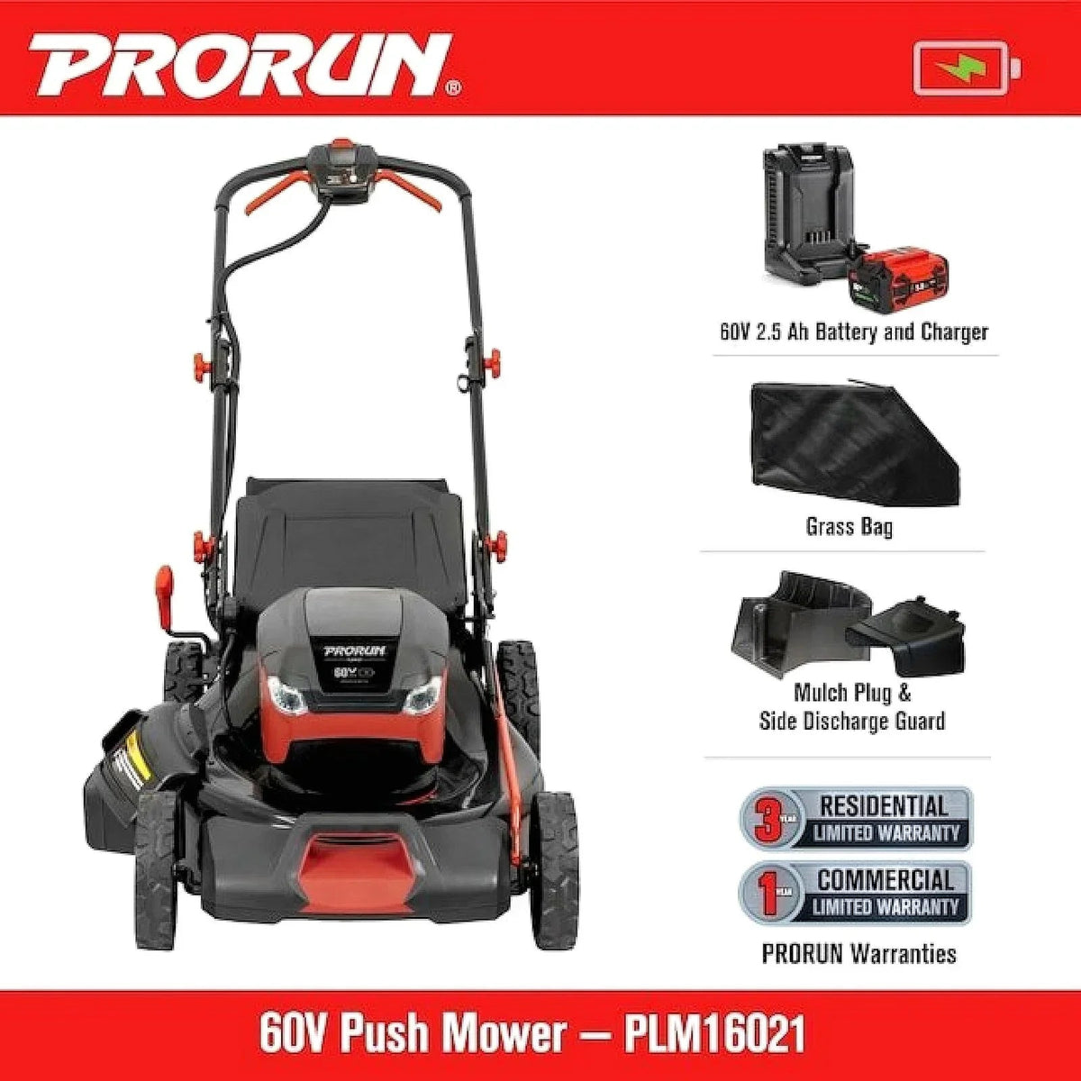 PRORUN 60V 21-Inch Steel Deck Cordless Push Lawn Mower with 2.5 Ah Battery and Charger - Prioka