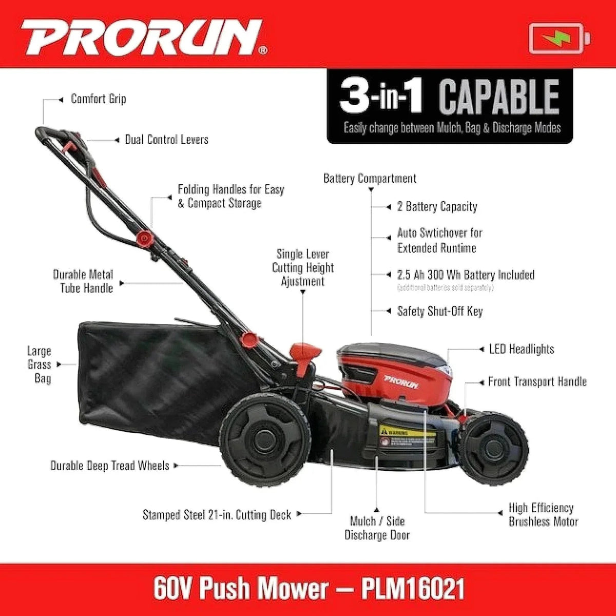 PRORUN 60V 21-Inch Steel Deck Cordless Push Lawn Mower with 2.5 Ah Battery and Charger - Prioka