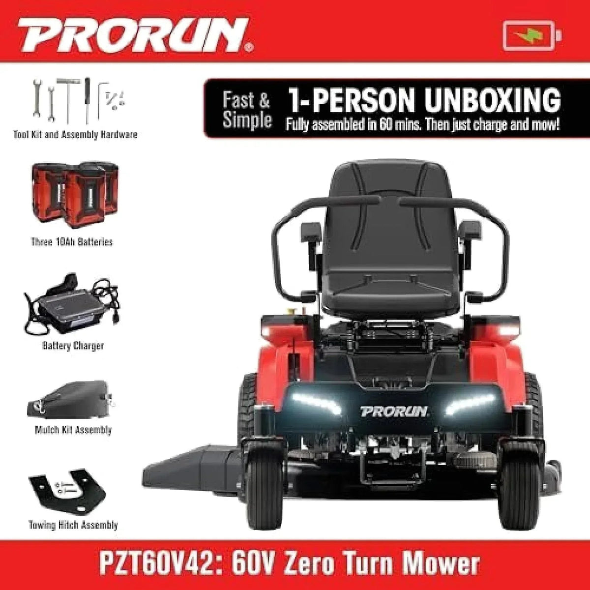 PRORUN PZT60V42 60V 42-inch Brushless Electric Zero Turn Riding Lawn Mower - Prioka