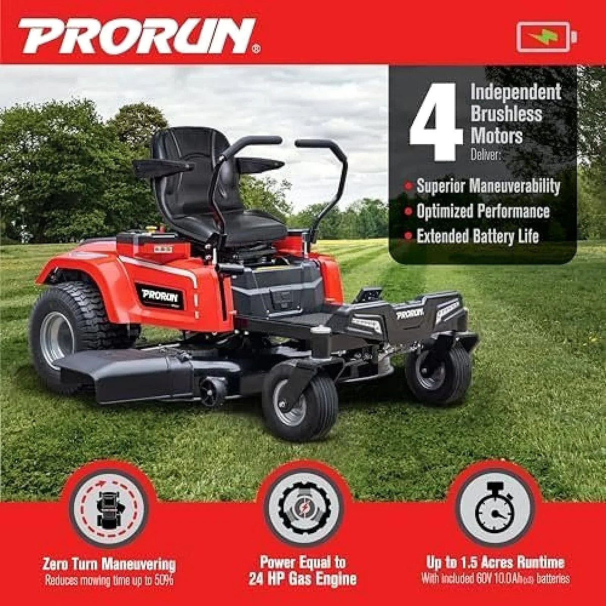 PRORUN PZT60V42 60V 42-inch Brushless Electric Zero Turn Riding Lawn Mower - Prioka
