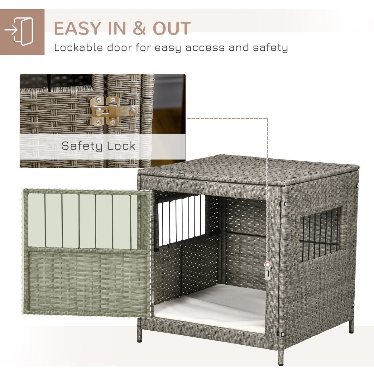 Rattan Dog Crate, Wicker Dog Cage with Lockable Door and Soft Washable Cushion, Dog Kennel Furniture for Small Sized Dogs, Grey - Prioka