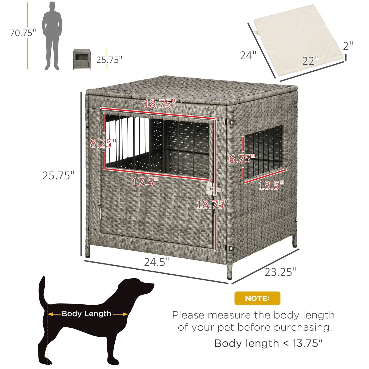 Rattan Dog Crate, Wicker Dog Cage with Lockable Door and Soft Washable Cushion, Dog Kennel Furniture for Small Sized Dogs, Grey - Prioka