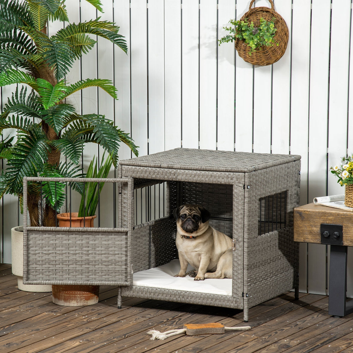 Rattan Dog Crate, Wicker Dog Cage with Lockable Door and Soft Washable Cushion, Dog Kennel Furniture for Small Sized Dogs, Grey - Prioka