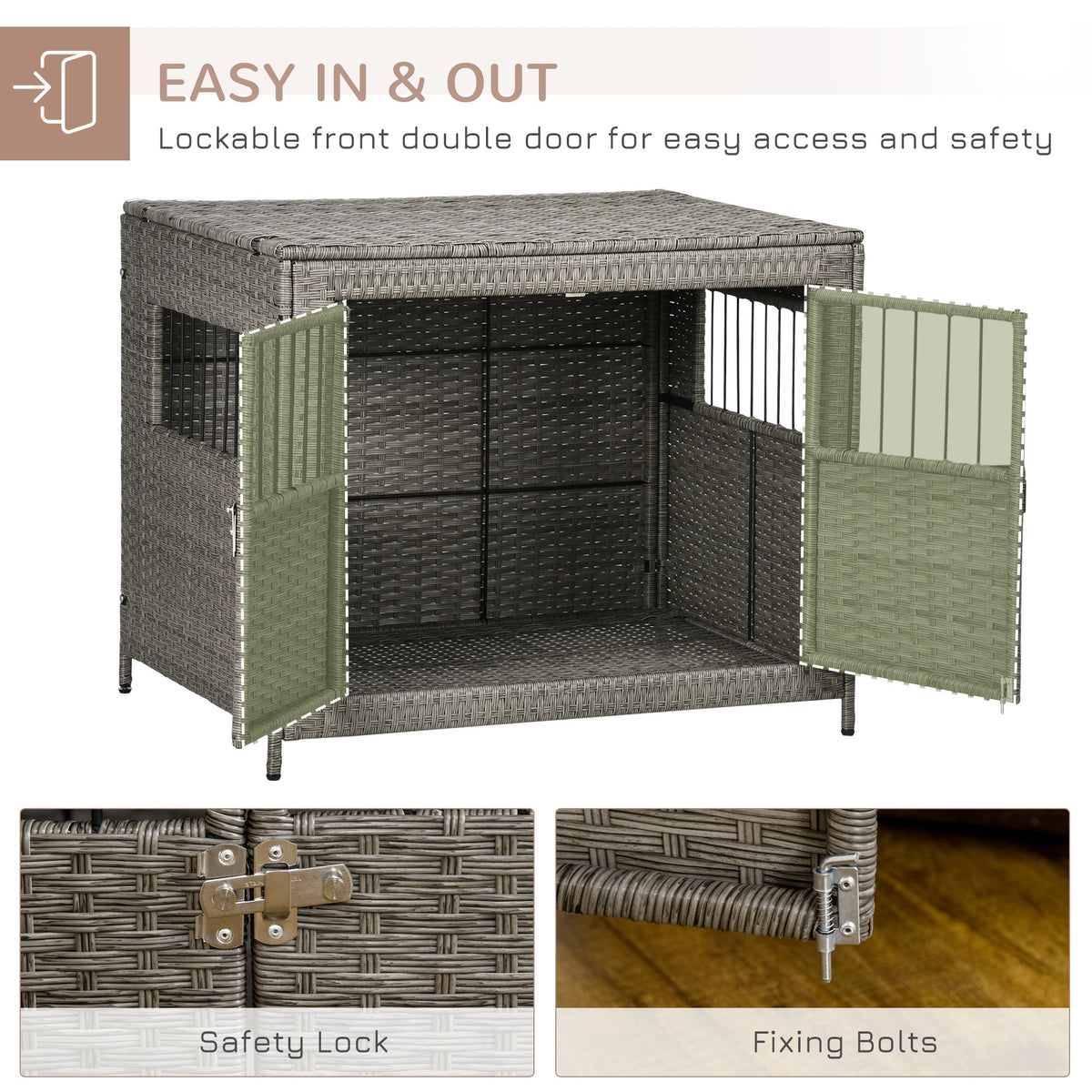 Rattan Dog Crate with Double Doors, Wicker Dog Cage with Soft Washable Cushion, Dog Kennel Furniture for Medium to Large Sized Dogs, Grey - Prioka