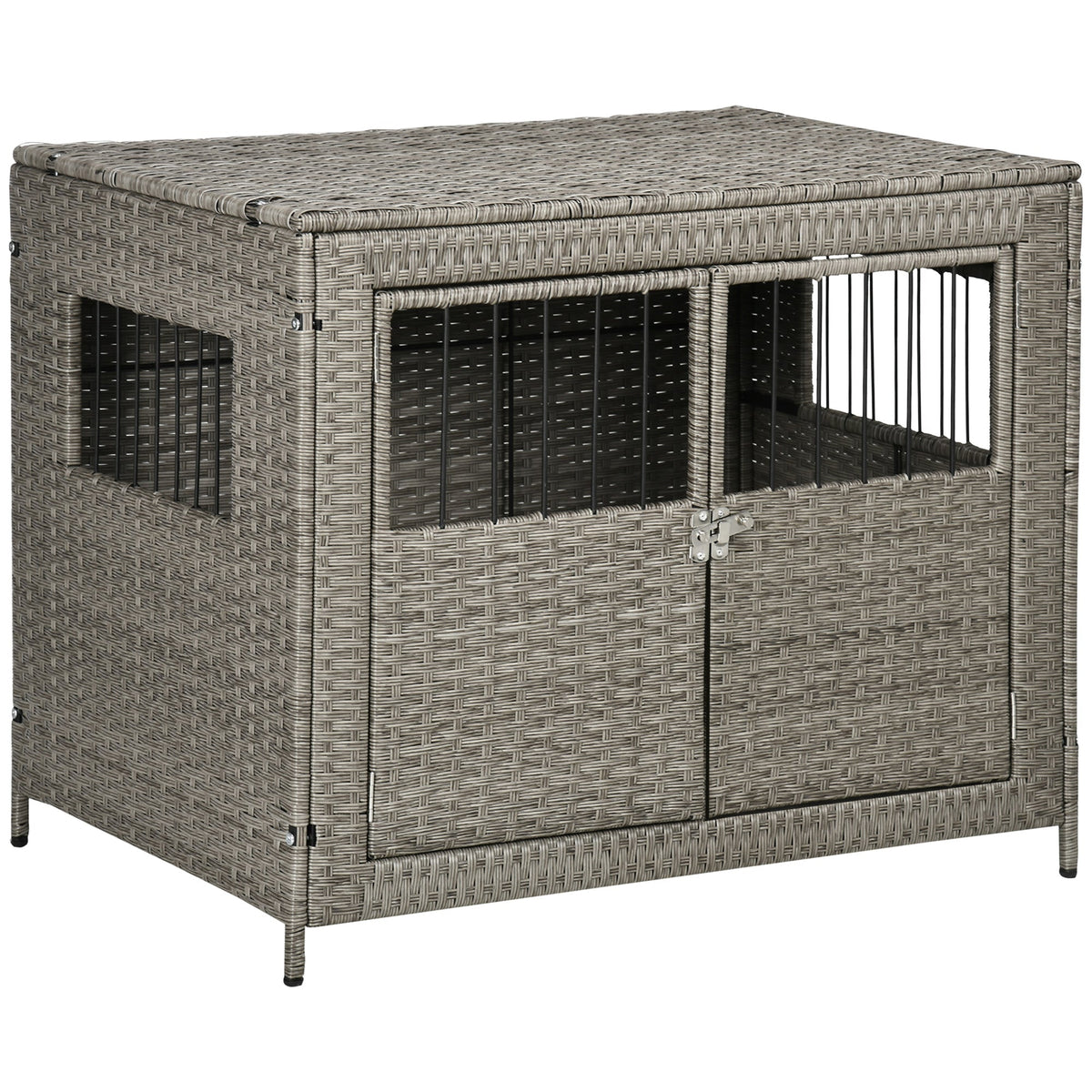 Rattan Dog Crate with Double Doors, Wicker Dog Cage with Soft Washable Cushion, Dog Kennel Furniture for Medium to Large Sized Dogs, Grey - Prioka