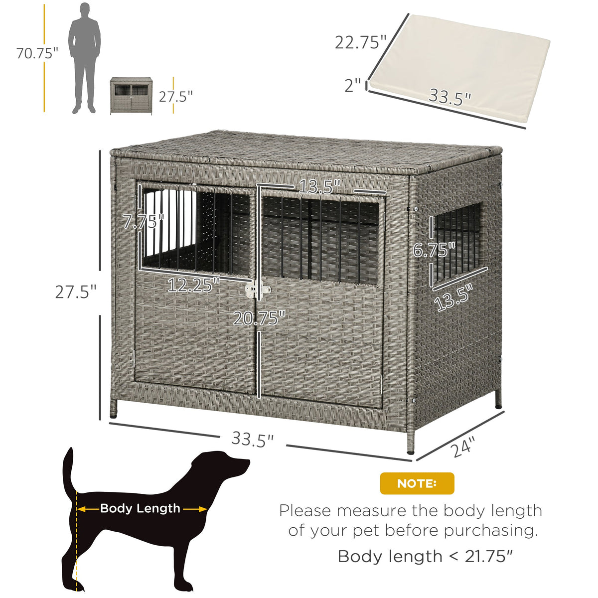 Rattan Dog Crate with Double Doors, Wicker Dog Cage with Soft Washable Cushion, Dog Kennel Furniture for Medium to Large Sized Dogs, Grey - Prioka