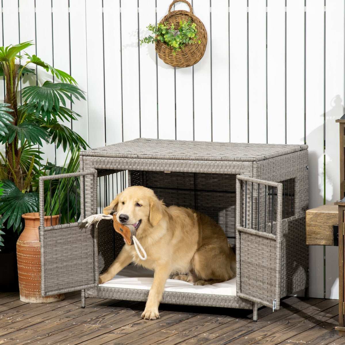 Rattan Dog Crate with Double Doors, Wicker Dog Cage with Soft Washable Cushion, Dog Kennel Furniture for Medium to Large Sized Dogs, Grey - Prioka