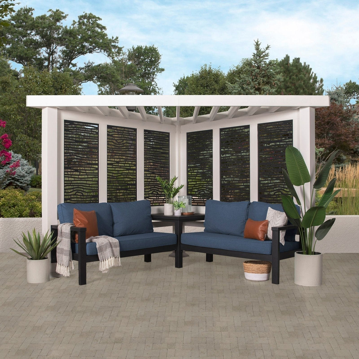 Ridgedale Modern Steel Cabana Pergola with Conversational Seating - Prioka