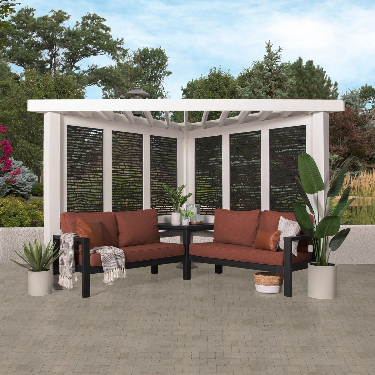Ridgedale Modern Steel Cabana Pergola with Conversational Seating - Prioka