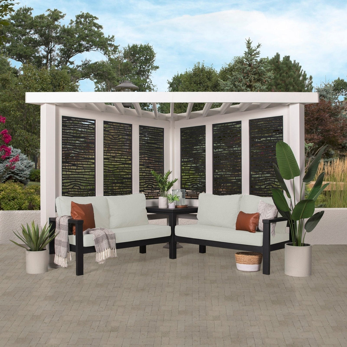 Ridgedale Modern Steel Cabana Pergola with Conversational Seating - Prioka