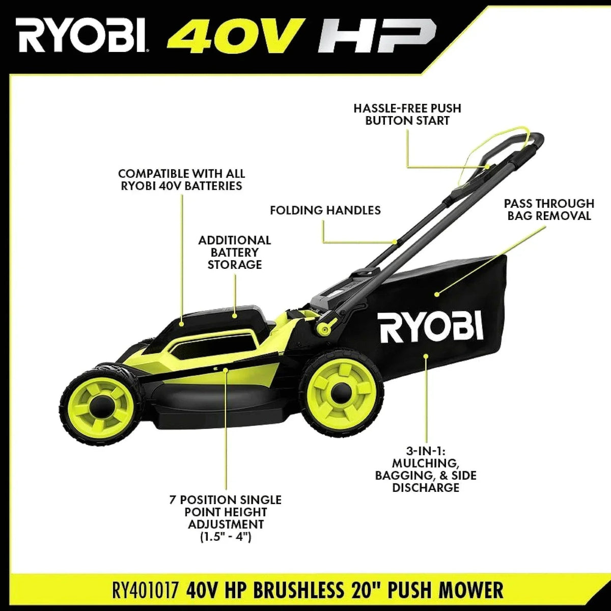 RYOBI 40V HP Brushless 20 Inch Cordless Electric Push Mower - Prioka