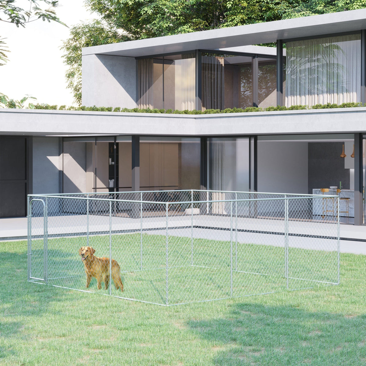 Silver Outdoor Dog Kennel Galvanized Chain Link Fence Heavy Duty Pet Run House Chicken Coop with Secure Lock Mesh Sidewalls for Backyard, Silver - Prioka