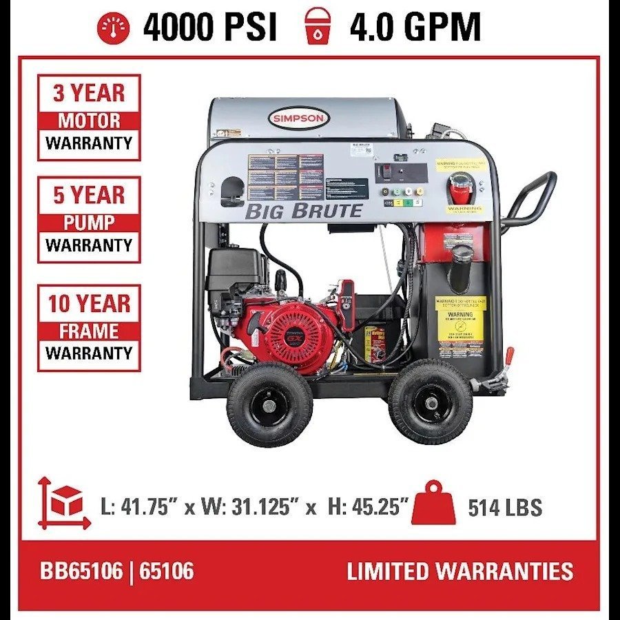 Simpson BB65106 Big Brute Professional 4000 PSI (Gas-Hot Water) Pressure Washer – UK Fast Gas - Prioka
