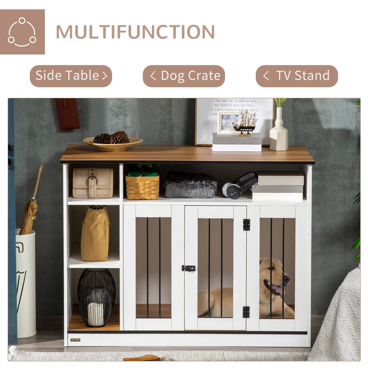 Small and Medium Dog Crate End Table with Extra Storage Space, Dog Crate Furniture with Large Tabletop, Pet Crate with Lockable Door, White - Prioka