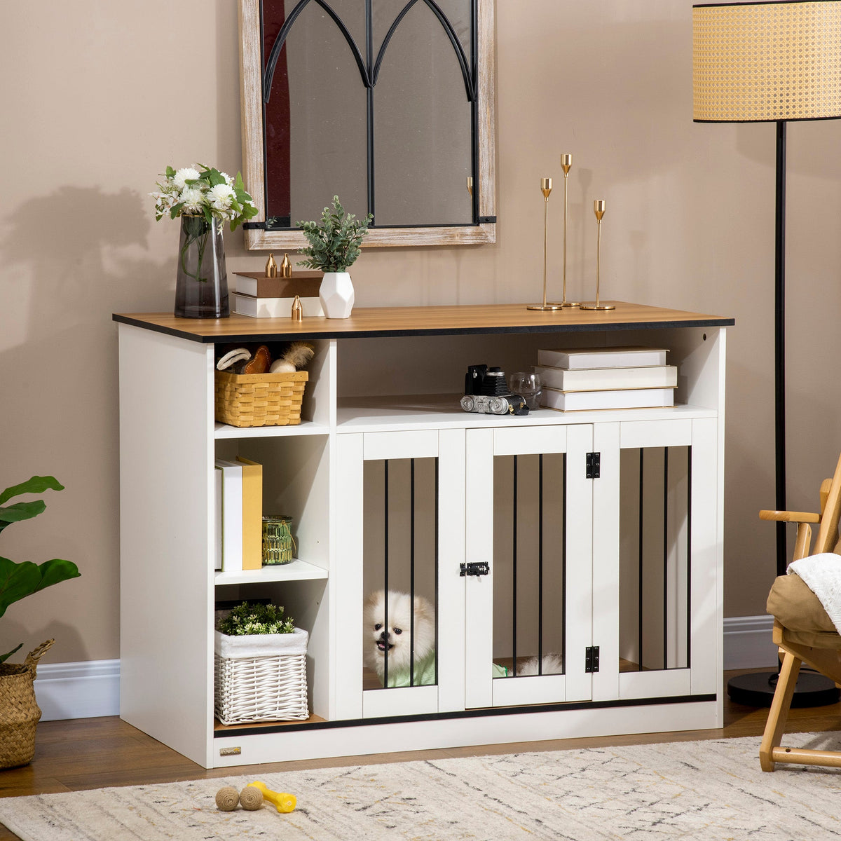 Small and Medium Dog Crate End Table with Extra Storage Space, Dog Crate Furniture with Large Tabletop, Pet Crate with Lockable Door, White - Prioka