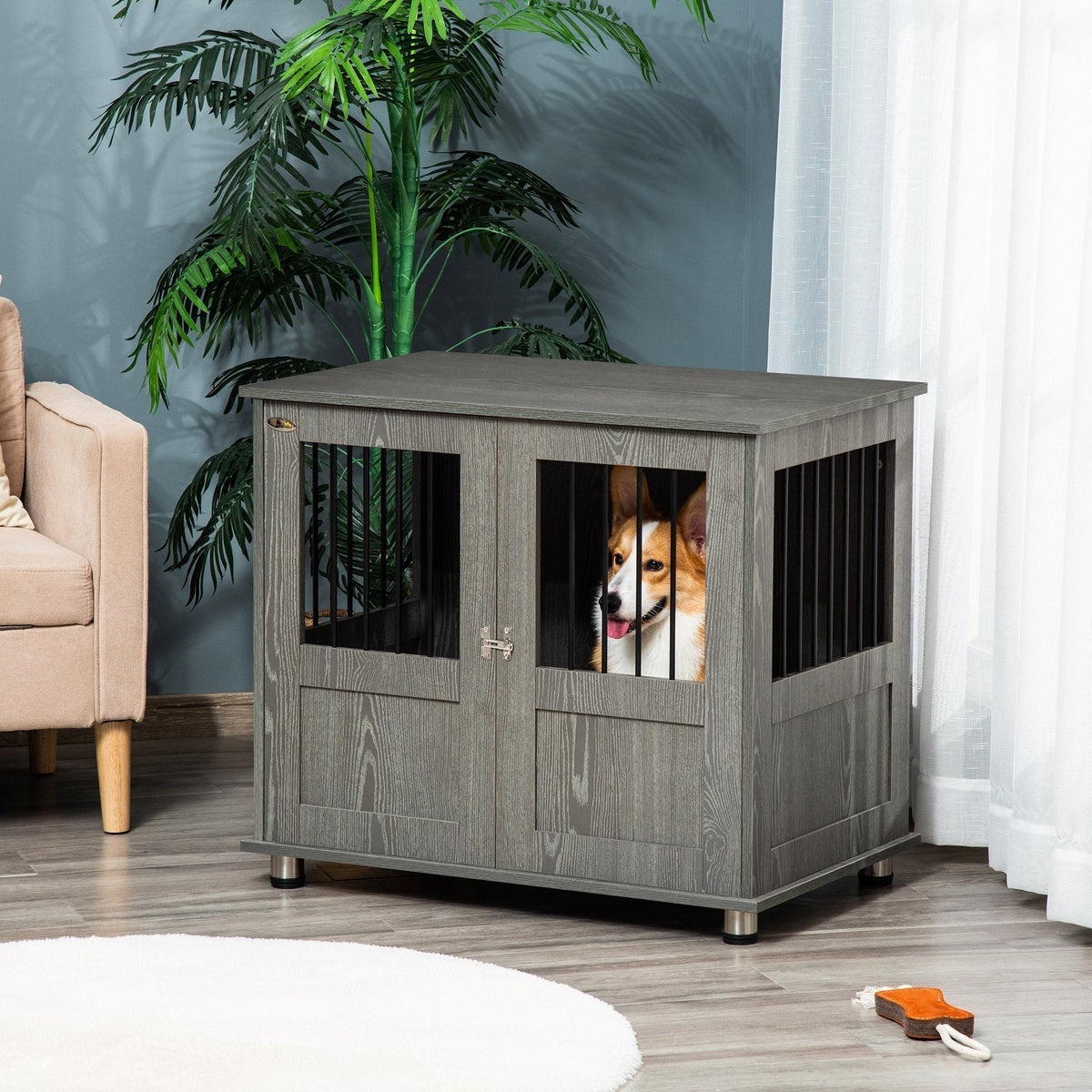 Stylish Dog Kennel, Wooden End Table Furniture with Cushion & Lockable Magnetic Doors, Small Size Pet Crate Indoor Animal Cage, Grey - Prioka