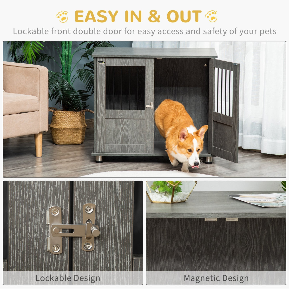 Stylish Dog Kennel, Wooden End Table Furniture with Cushion & Lockable Magnetic Doors, Small Size Pet Crate Indoor Animal Cage, Grey - Prioka