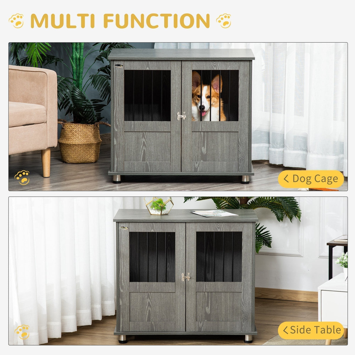 Stylish Dog Kennel, Wooden End Table Furniture with Cushion & Lockable Magnetic Doors, Small Size Pet Crate Indoor Animal Cage, Grey - Prioka