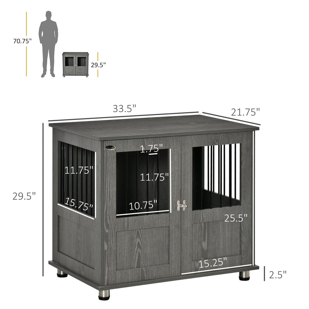 Stylish Dog Kennel, Wooden End Table Furniture with Cushion & Lockable Magnetic Doors, Small Size Pet Crate Indoor Animal Cage, Grey - Prioka