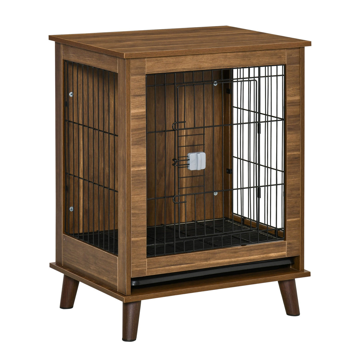 Stylish Dog Kennel, Wooden & Wire End Table Furniture with Cushion & Lockable Magnetic Doors, Small Size Pet Crate Indoor Animal Cage, Brown - Prioka