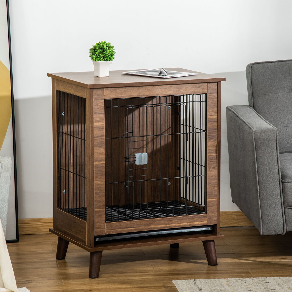 Stylish Dog Kennel, Wooden & Wire End Table Furniture with Cushion & Lockable Magnetic Doors, Small Size Pet Crate Indoor Animal Cage, Brown - Prioka