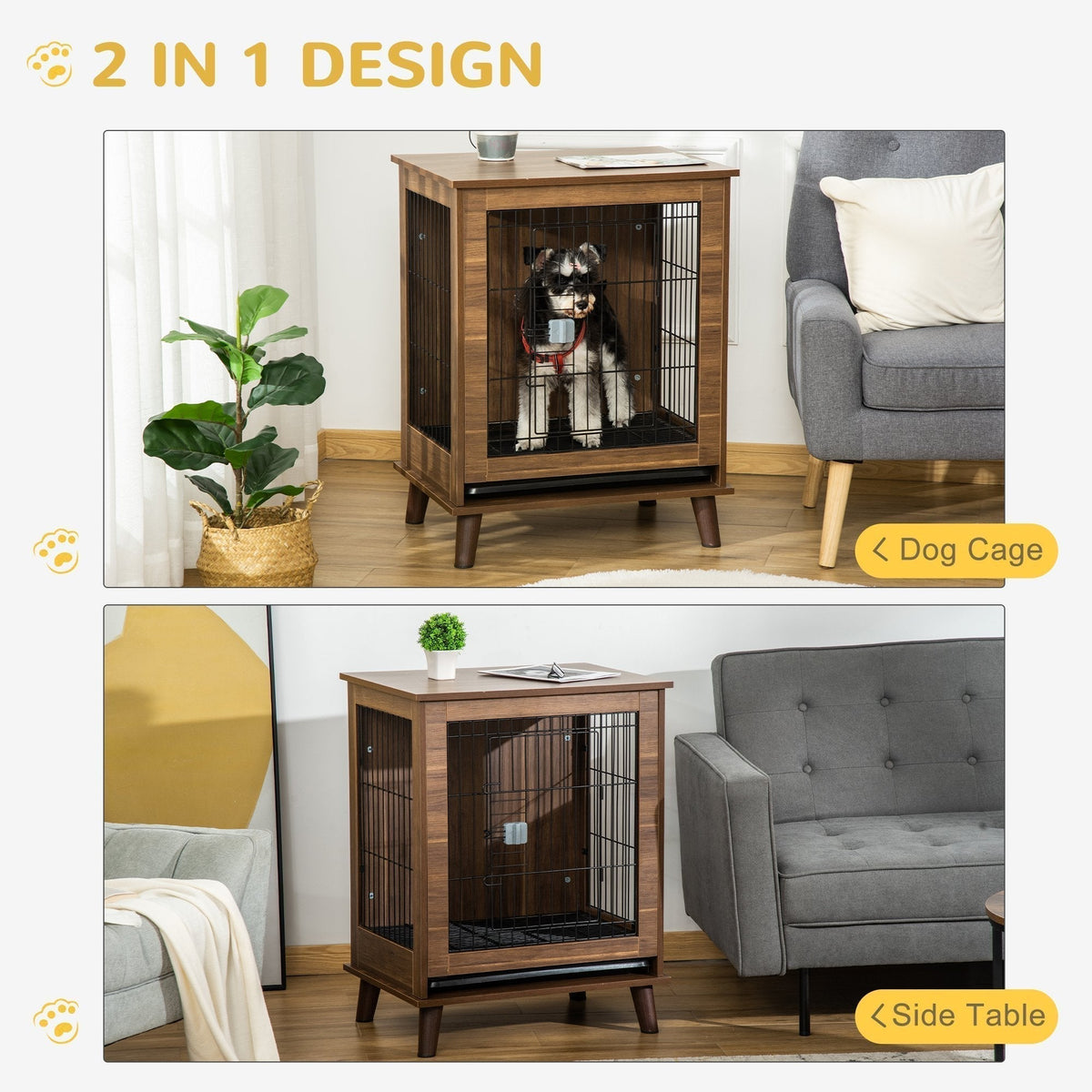 Stylish Dog Kennel, Wooden & Wire End Table Furniture with Cushion & Lockable Magnetic Doors, Small Size Pet Crate Indoor Animal Cage, Brown - Prioka