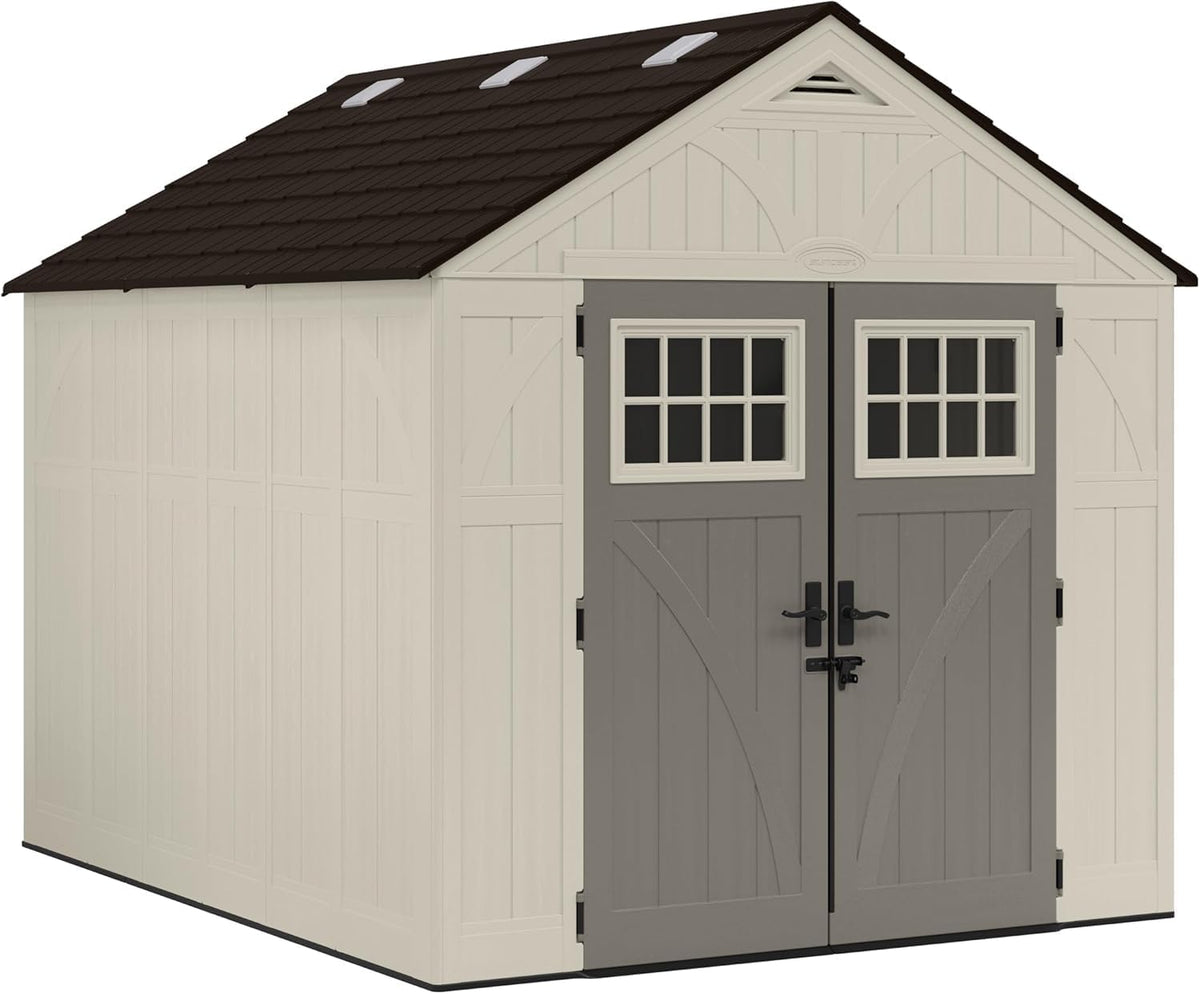 Suncast 8×10 Ft. Outdoor Storage Shed – Large Resin Outdoor Shed with Floor Included, Lockable Double Doors & Skylights. 547 Cu Ft Tremont Garden Resin Sheds for Lawn Tools, Riding Mowers, & Bikes - Prioka
