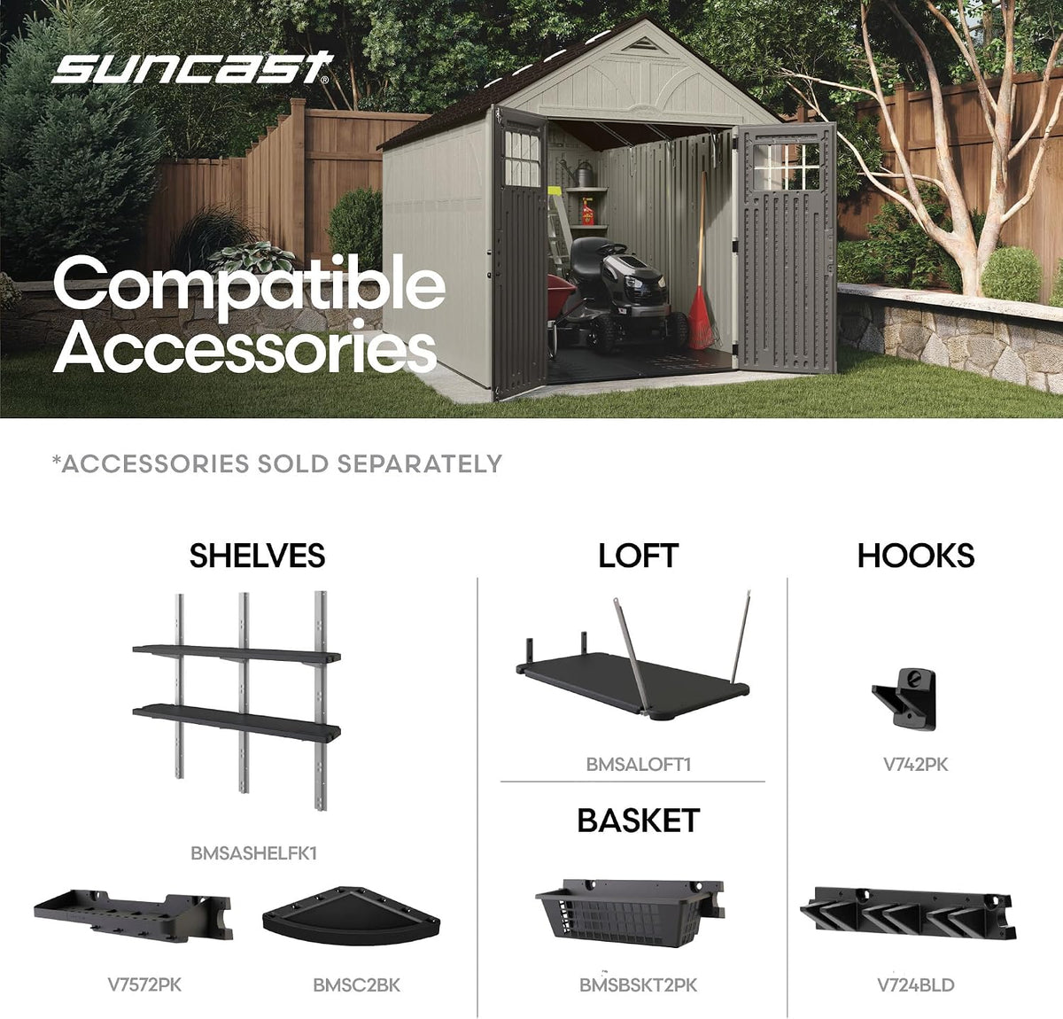 Suncast 8×10 Ft. Outdoor Storage Shed – Large Resin Outdoor Shed with Floor Included, Lockable Double Doors & Skylights. 547 Cu Ft Tremont Garden Resin Sheds for Lawn Tools, Riding Mowers, & Bikes - Prioka