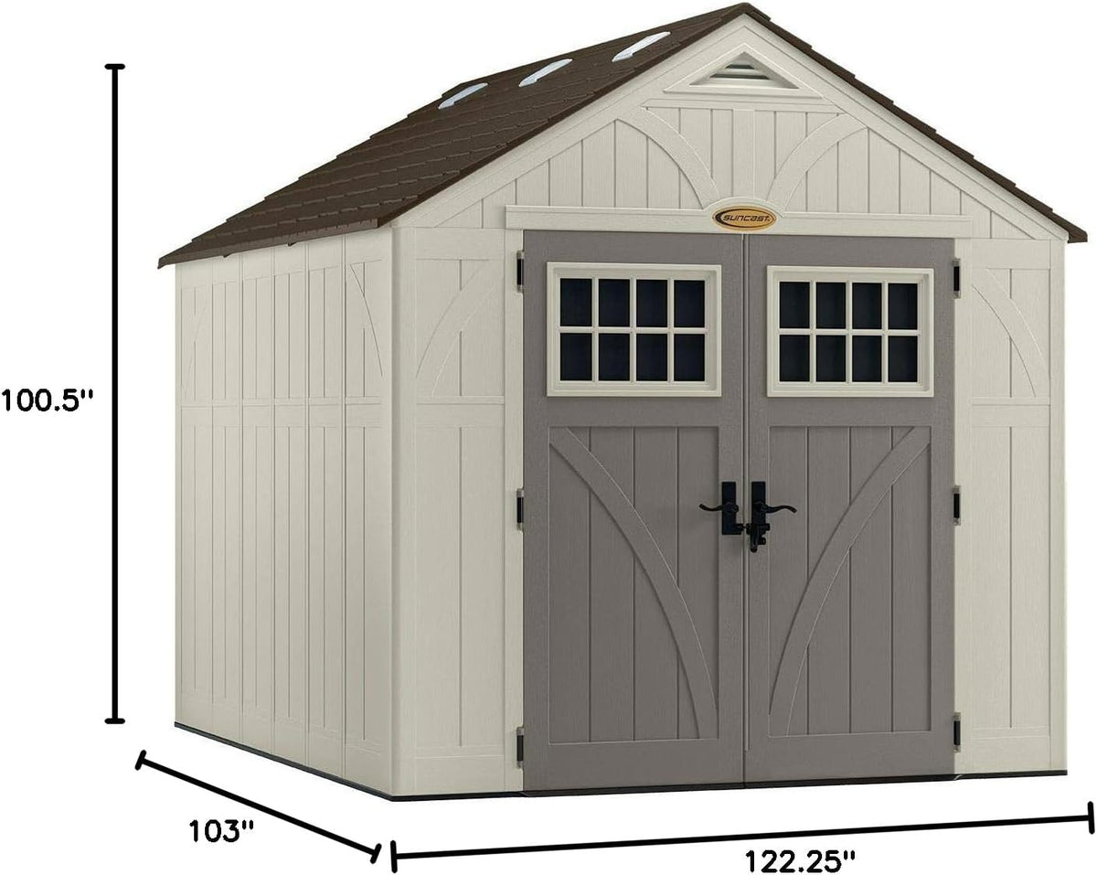 Suncast 8×10 Ft. Outdoor Storage Shed – Large Resin Outdoor Shed with Floor Included, Lockable Double Doors & Skylights. 547 Cu Ft Tremont Garden Resin Sheds for Lawn Tools, Riding Mowers, & Bikes - Prioka