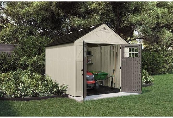 Suncast 8×10 Ft. Outdoor Storage Shed – Large Resin Outdoor Shed with Floor Included, Lockable Double Doors & Skylights. 547 Cu Ft Tremont Garden Resin Sheds for Lawn Tools, Riding Mowers, & Bikes - Prioka