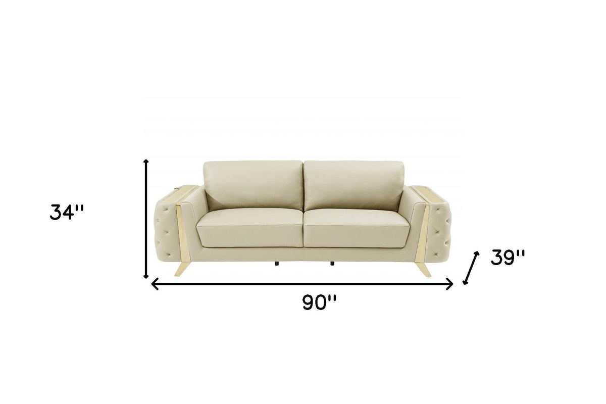 The Aldridge – Beige Italian Leather Sofa with Gold Legs - Prioka