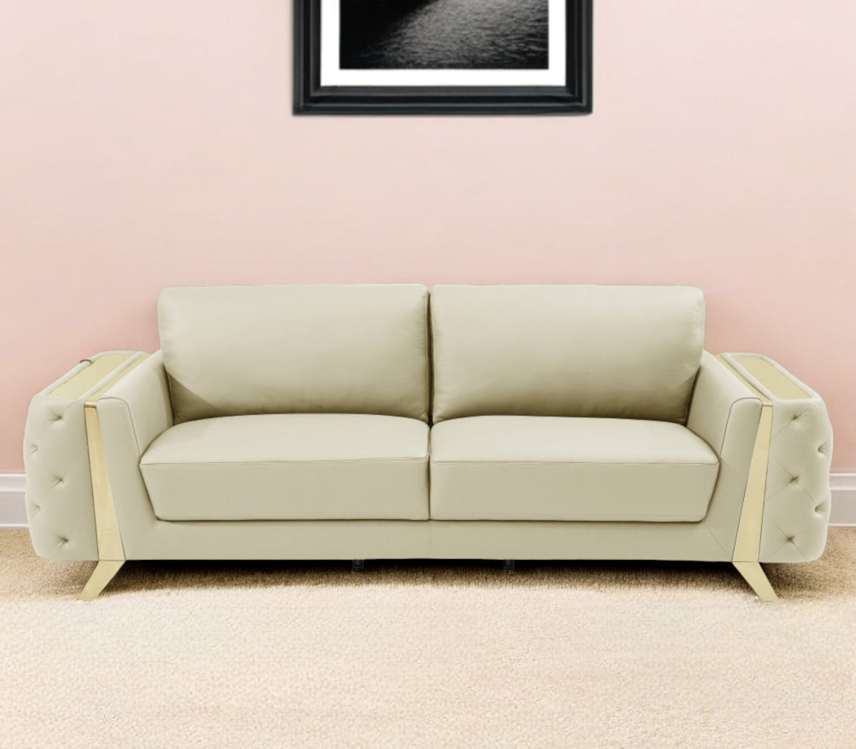 The Aldridge – Beige Italian Leather Sofa with Gold Legs - Prioka