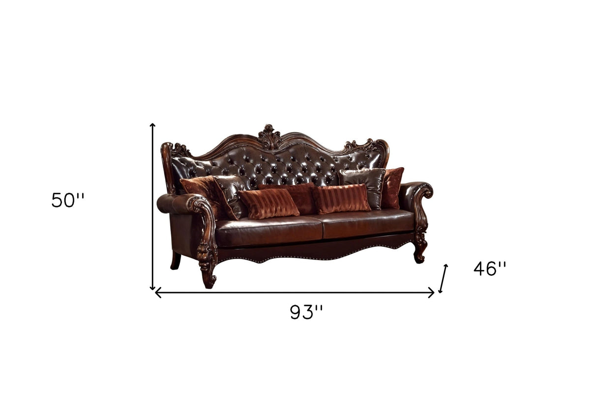The Beaumont – Brown Faux Leather Sofa with Toss Pillows - Prioka