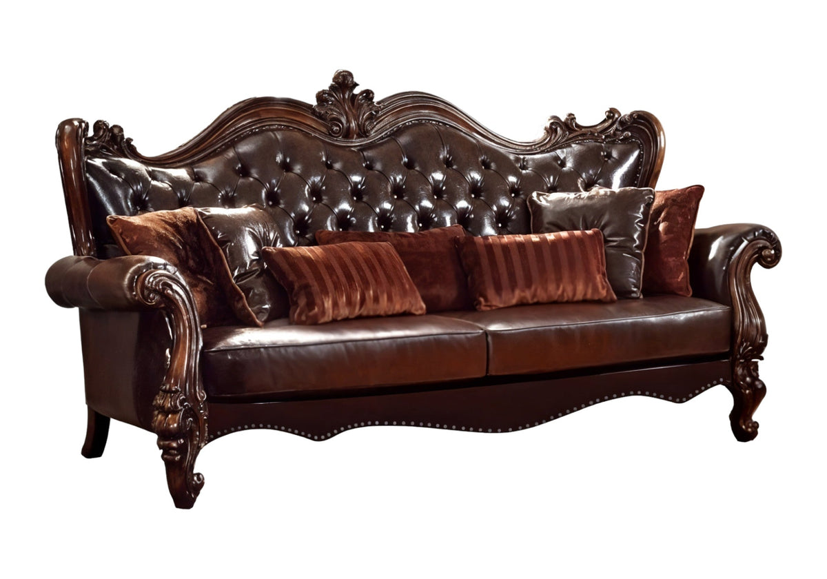The Beaumont – Brown Faux Leather Sofa with Toss Pillows - Prioka