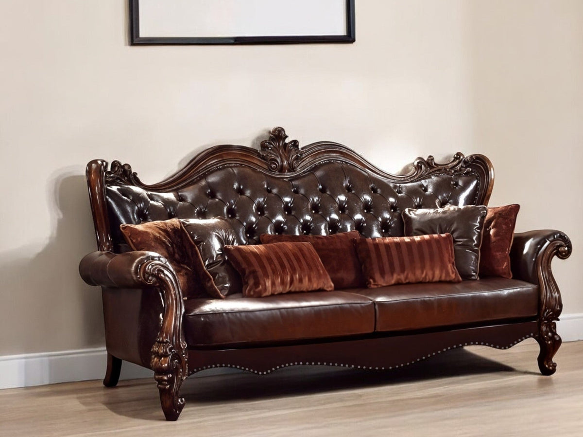 The Beaumont – Brown Faux Leather Sofa with Toss Pillows - Prioka