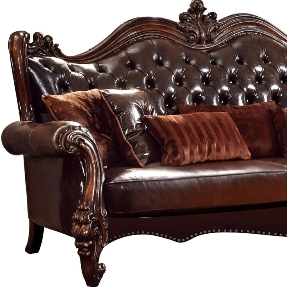 The Beaumont – Brown Faux Leather Sofa with Toss Pillows - Prioka