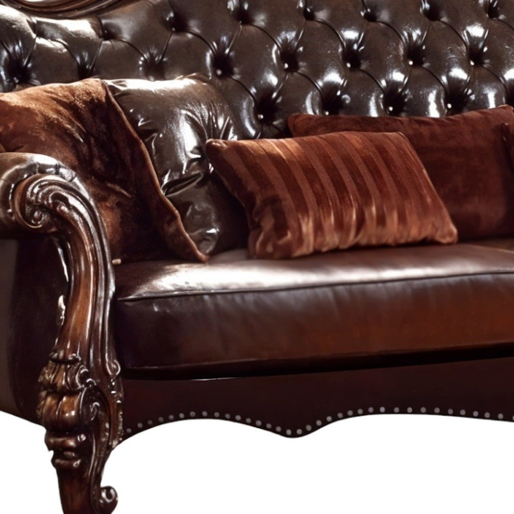 The Beaumont – Brown Faux Leather Sofa with Toss Pillows - Prioka