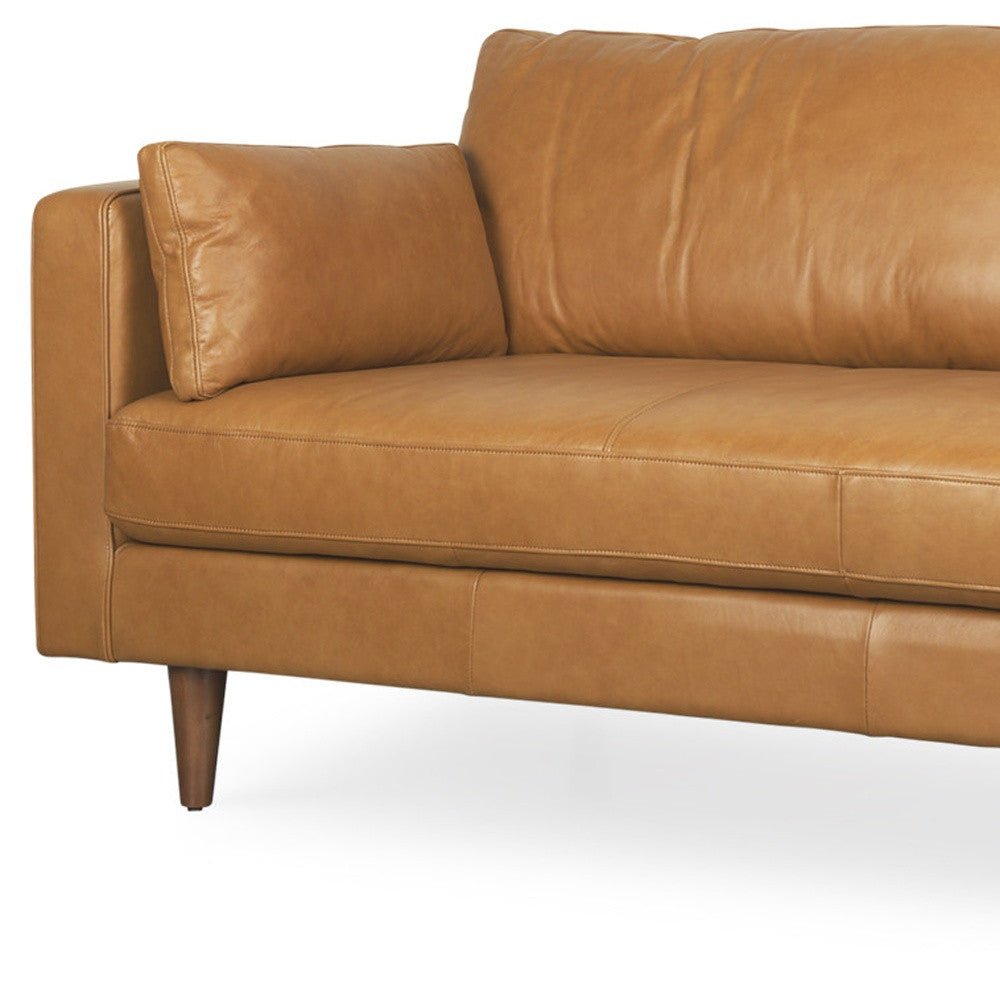 The Edisto – Tan Leather Sofa with Toss Pillows - Prioka