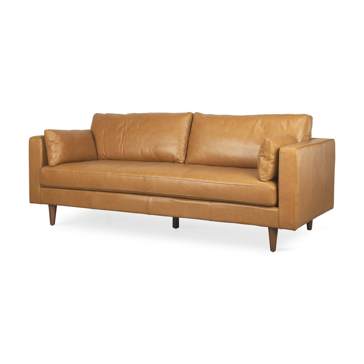 The Edisto – Tan Leather Sofa with Toss Pillows - Prioka