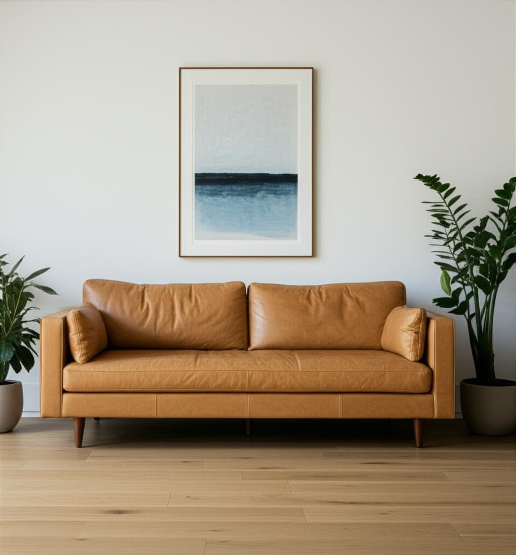The Edisto – Tan Leather Sofa with Toss Pillows - Prioka