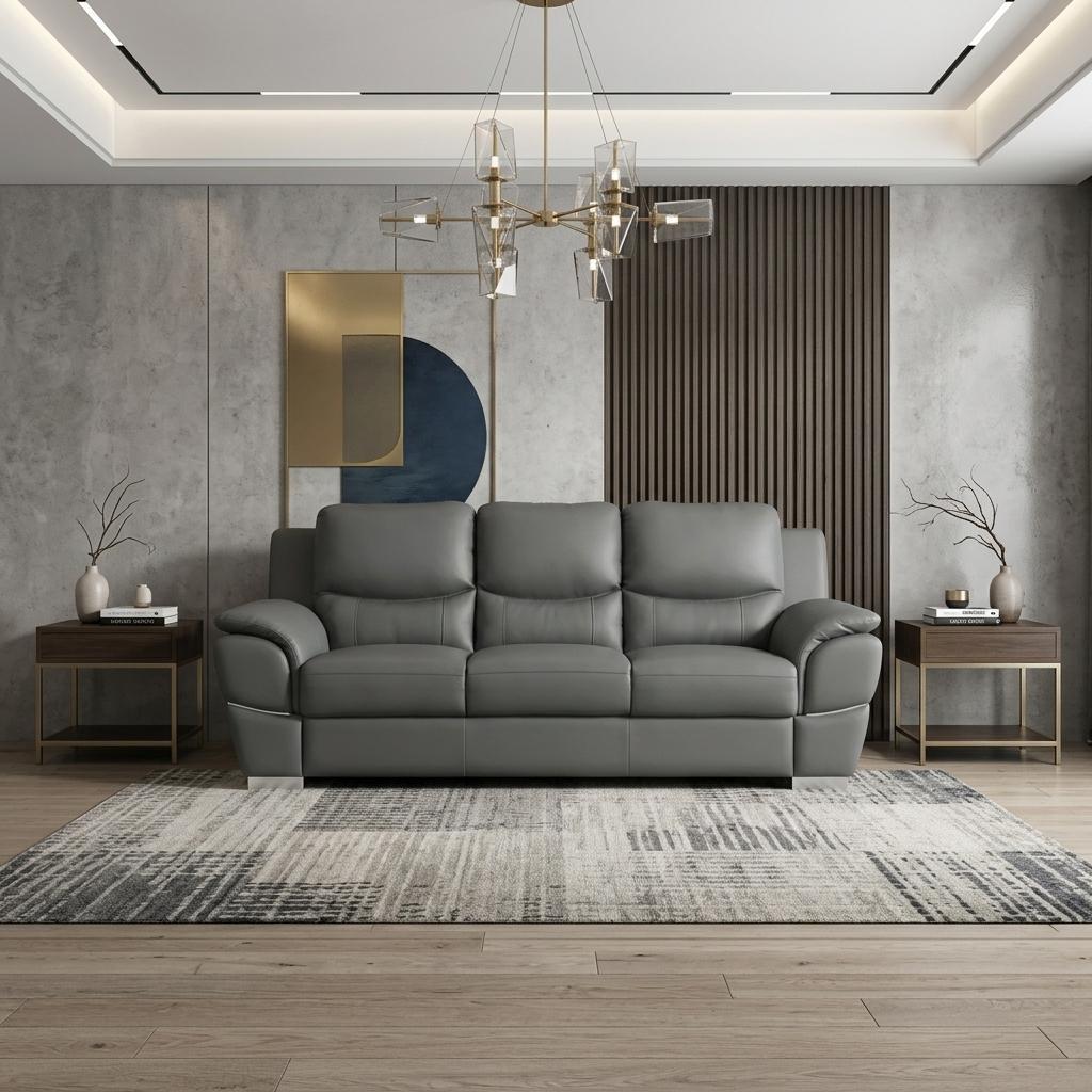 The Halston – 85" Gray Leather Sofa With Silver Legs - Prioka
