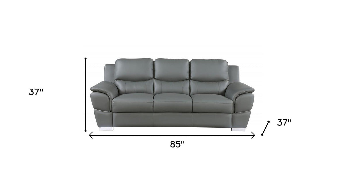 The Halston – 85" Gray Leather Sofa With Silver Legs - Prioka