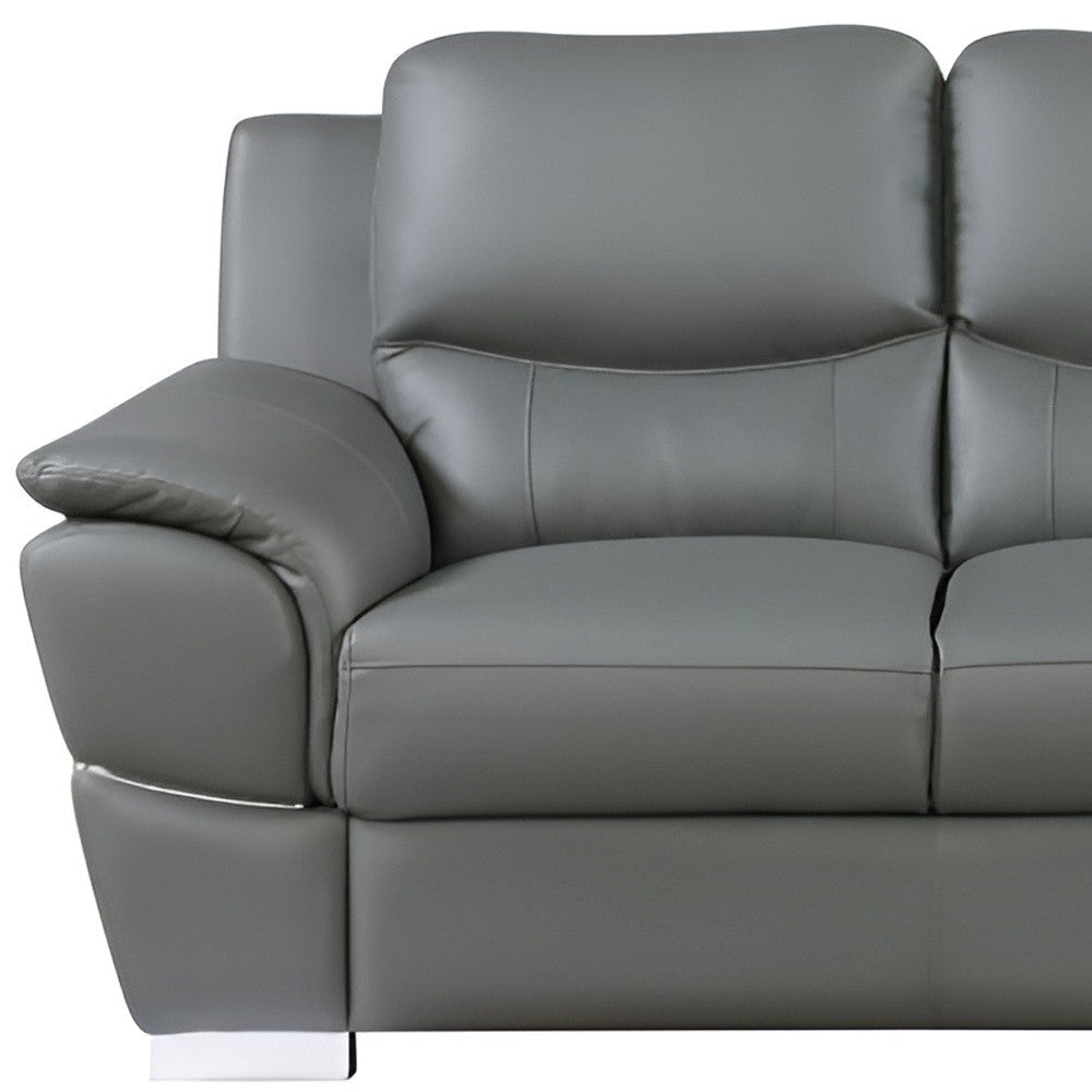 The Halston – 85" Gray Leather Sofa With Silver Legs - Prioka