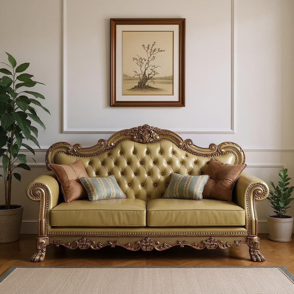 The Kensington – Bone Faux Leather Sofa with Toss Pillows - Prioka