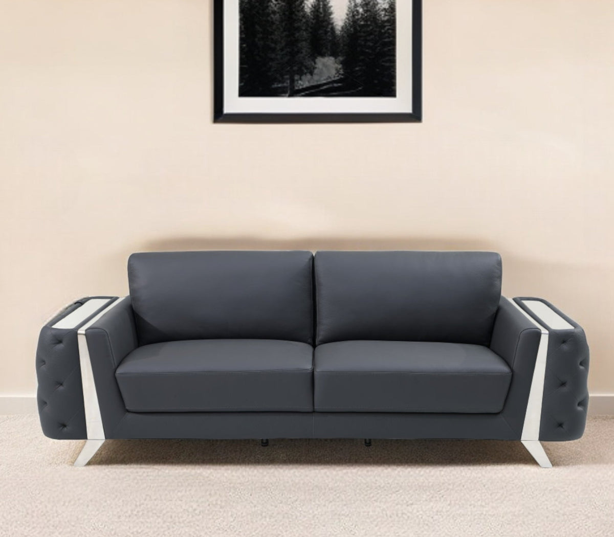 The Langford – Gray Italian Leather Sofa with Silver Legs - Prioka