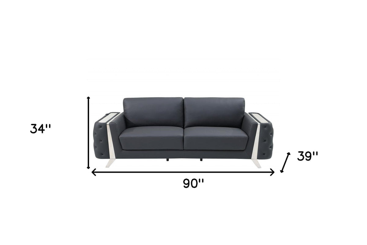 The Langford – Gray Italian Leather Sofa with Silver Legs - Prioka