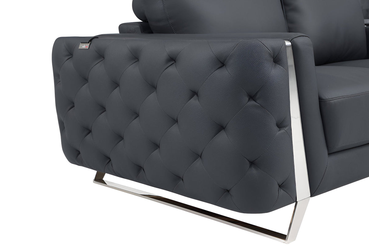 The Langford – Gray Italian Leather Sofa with Silver Legs - Prioka
