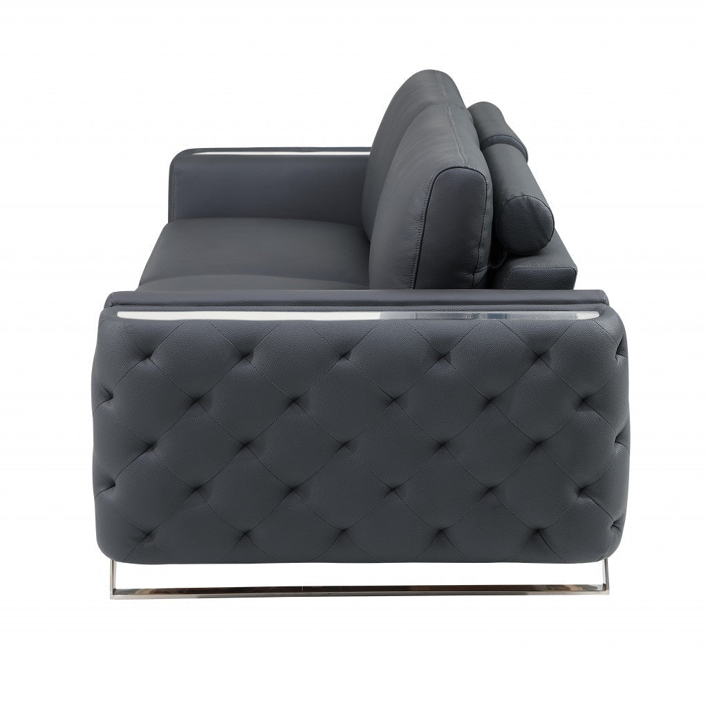 The Langford – Gray Italian Leather Sofa with Silver Legs - Prioka