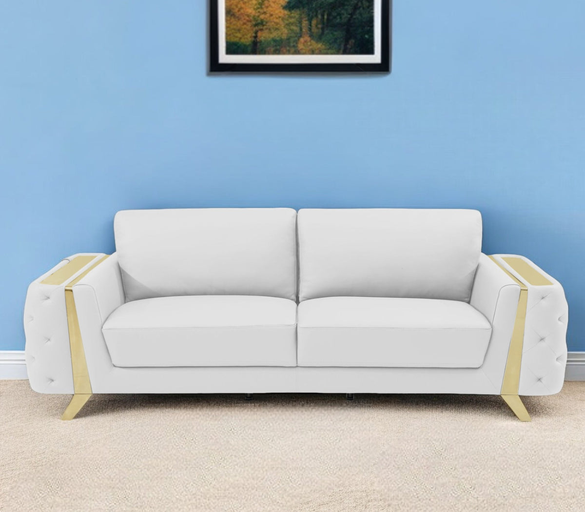 The Monroe – White Italian Leather Sofa with Gold Legs - Prioka