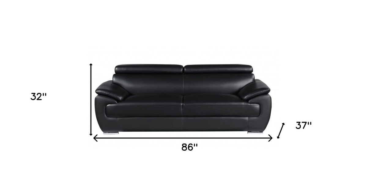The Nightfall – Black Genuine Leather Sofa with Silver Legs - Prioka